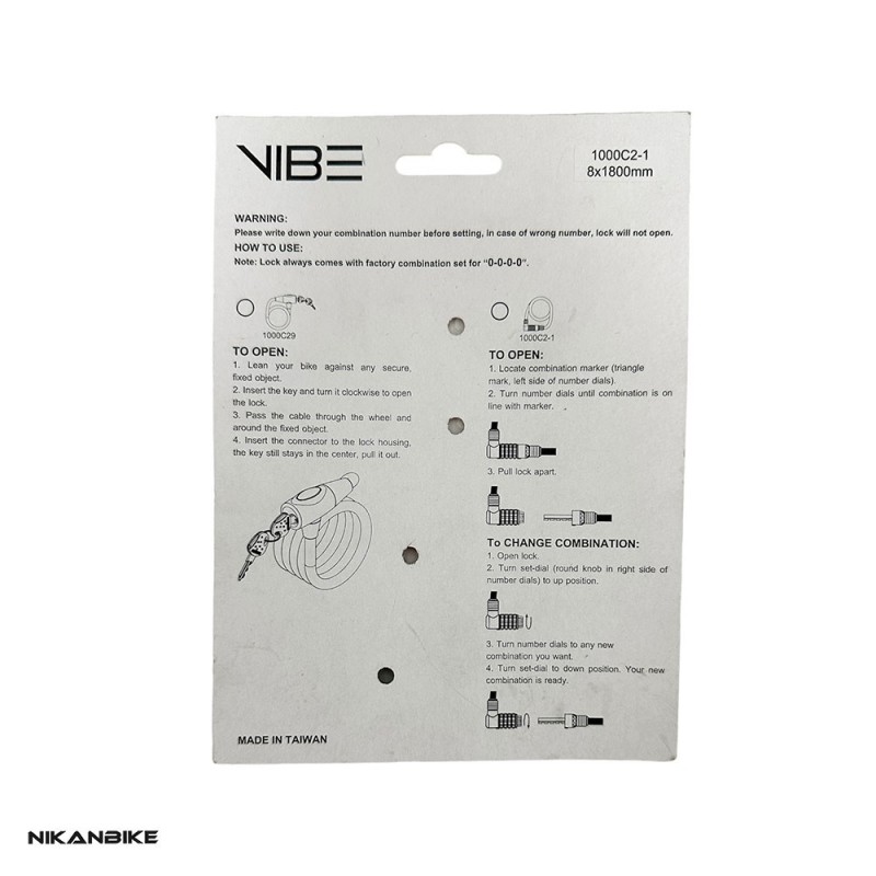 مشخصات،قیمت و خرید اینترنتی قفل دوچرخه رمزدار وایب VIBE 8x1800 مدل 1000C2-1 از نیکان بایک